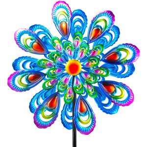Peacock Wind Spinner, 21" Dia Large Kinetic Wind Sculptures & Spinners Outdoor, 68 Inch Tall Metal Windmill for Garden Yard Decor