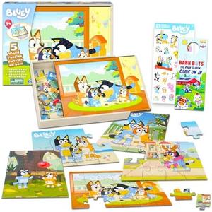 Bluey Wooden Puzzle 5 Pack - Bluey Wood Puzzles Bundle with Holding Tray, Stickers and More | Bingo Jigsaw Puzzles for Kids