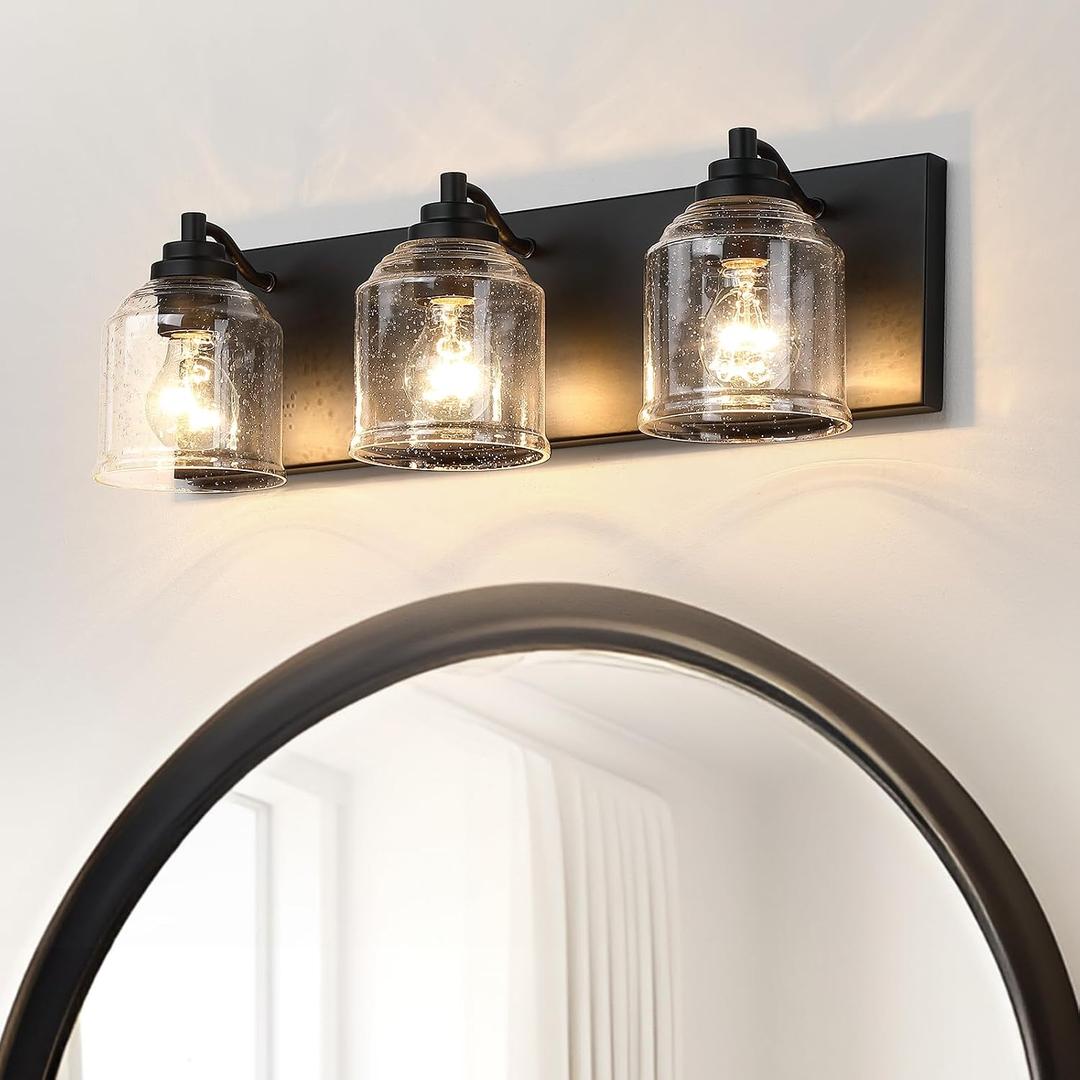 Vanity Lights for Bathroom Large 23", Farmhouse Rustic Vanity Light with Bubble Glass Shades, Black 3 Light Bathroom Lighting Fixtures Over Mirror, Bath Wall Sconce Home Decor