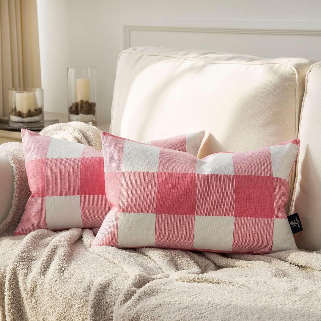 Phantoscope Pack of 2 Gingham Buffalo Check Plaid Throw Decorative Pillow Cover Outdoor Indoor Throw Pillows Farmhouse Square Pillow Cases for Home Decor Pink,12 x 20 Inches