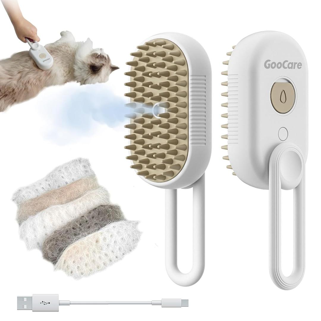 Patented 3-in-1 Cat Spray Brush with Silicone Comb: Shedding, Cleaning & Massage, Pet Steam Grooming Tool, Ideal for indoor Long or Short Haired Cats, Dogs, Rabbits & Pets (Beige)