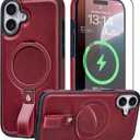for iPhone 17 Case Leather | iPhone 17 Leather Case with Stand | Compatible with MagSafe with Magnetic Ring Grip Holder (Burgundy, IP17-6.3inch)