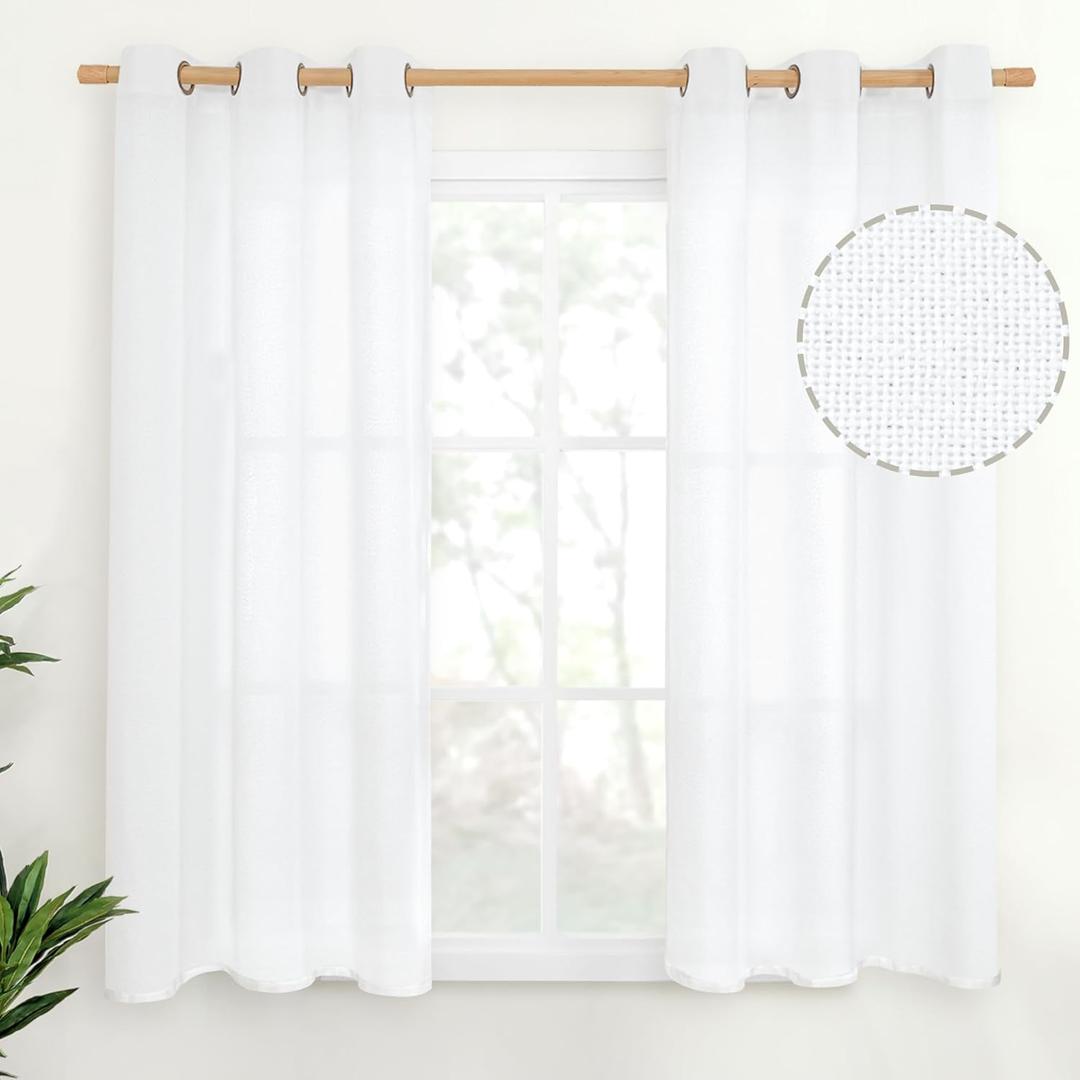 YoungsTex Linen Semi Sheer Curtains 54 Inch Length for Short Window, White Drapes with Bronze Grommet Light Filtering for Bathroom Bedroom Kitchen, 42 X 54 Inch, 2 Panels