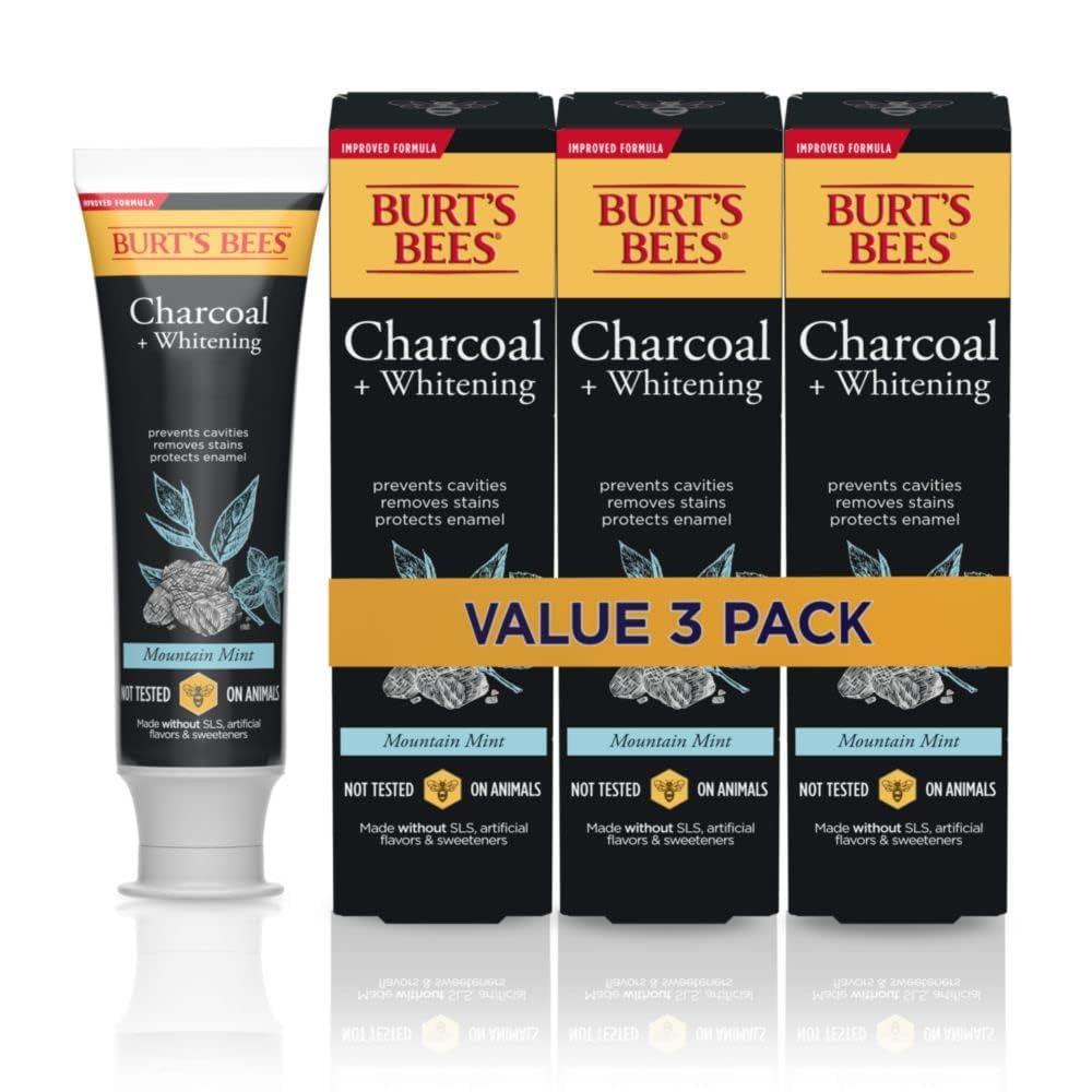 3 x Burt's Bees Toothpaste, Natural Flavor, Charcoal with Fluoride Toothpaste, Mountain Mint, 3 x 4.7oz