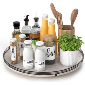 16" Lazy Susan Oak Wood Turntable Organizer for Cabinet, Farmhouse Round Lazy Susan Organization and Storage for Dining Table, Kitchen, Bathroom, Countertop, Cupboard, Kitchen Decor Whitewashed