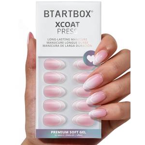 BTArtbox French Tip Press On Nails - Gentle Care, Lamp-Curable 4-Week Wear Pink Ombre Short Almond Press On Nails with Glue and Adhesive Tabs, Easy-to-Apply in 16 Sizes - 32 Nails All-in-One Kit