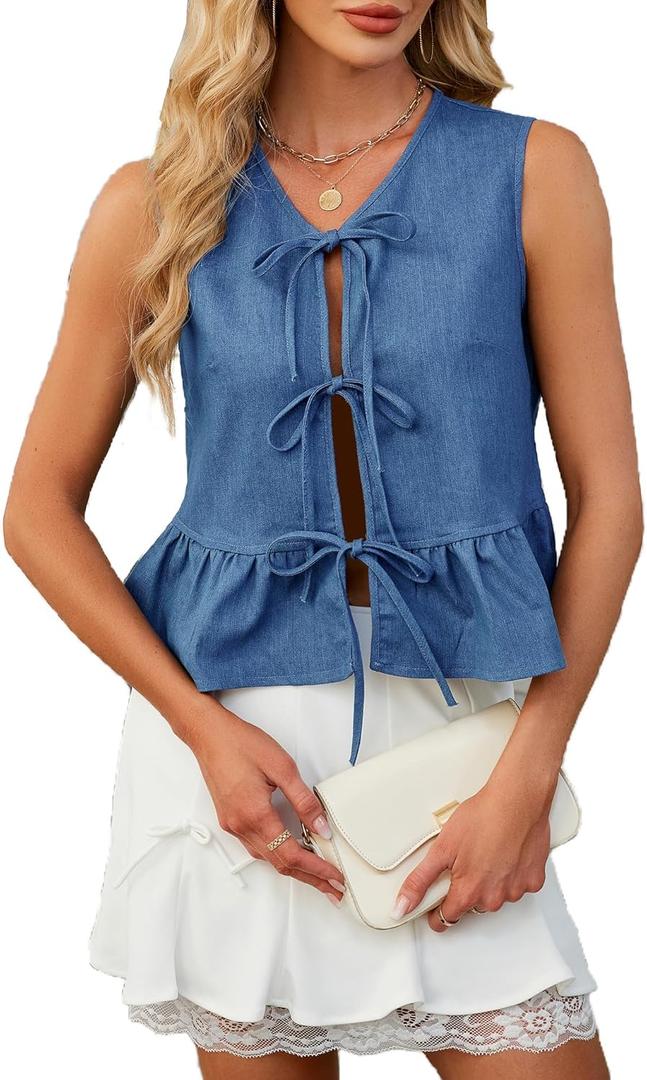 Women's Denim Vest Top Sleeveless V Neck Tie Front Jean Vest Summer 2025 Trendy Casual Waistcoat Y2K Peplum Tank Tops (M)