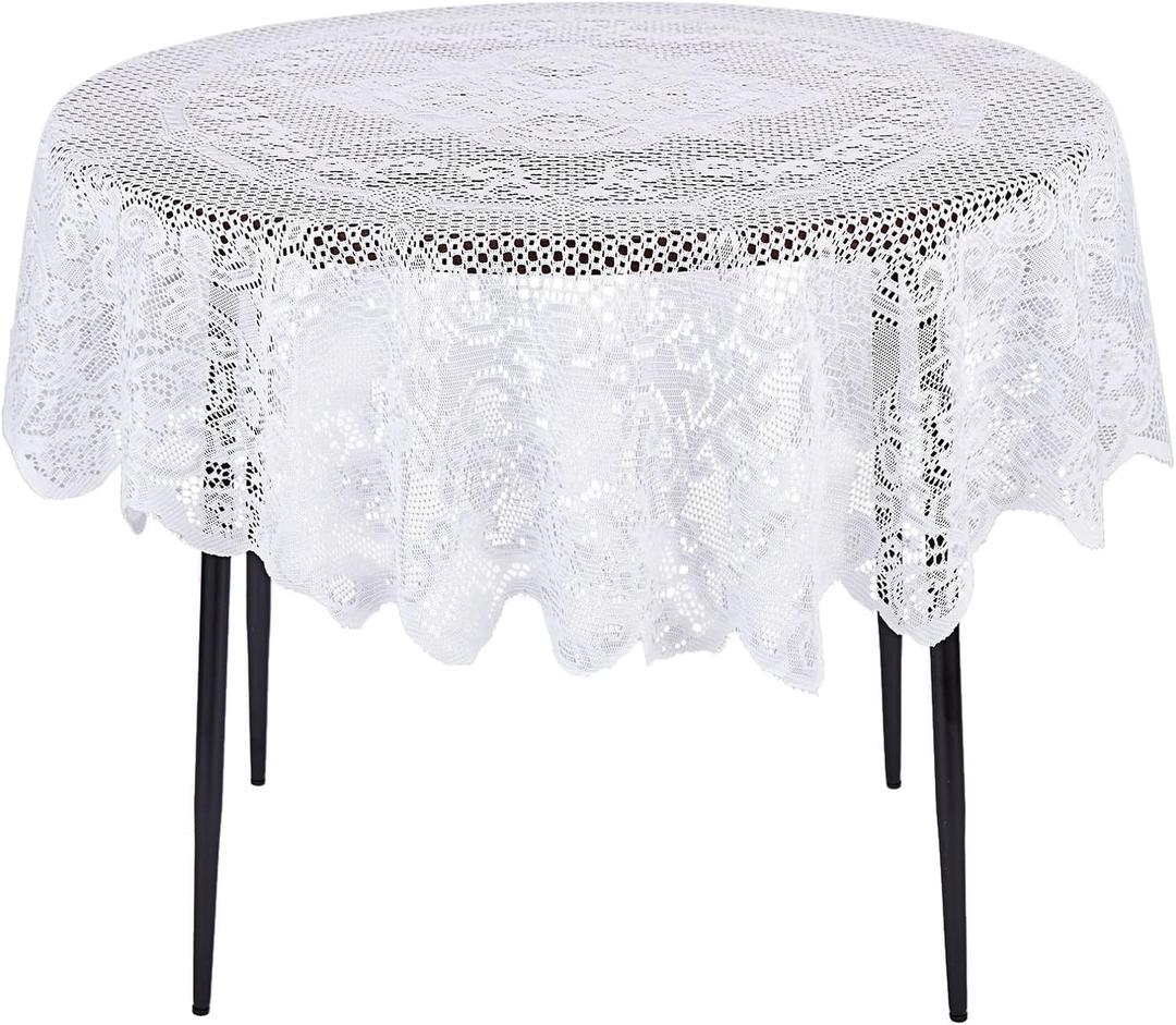 Juvale 59 Inch Round White Lace Tablecloth, Elegant Table Cover for Wedding Reception and Vintage-Style Decor