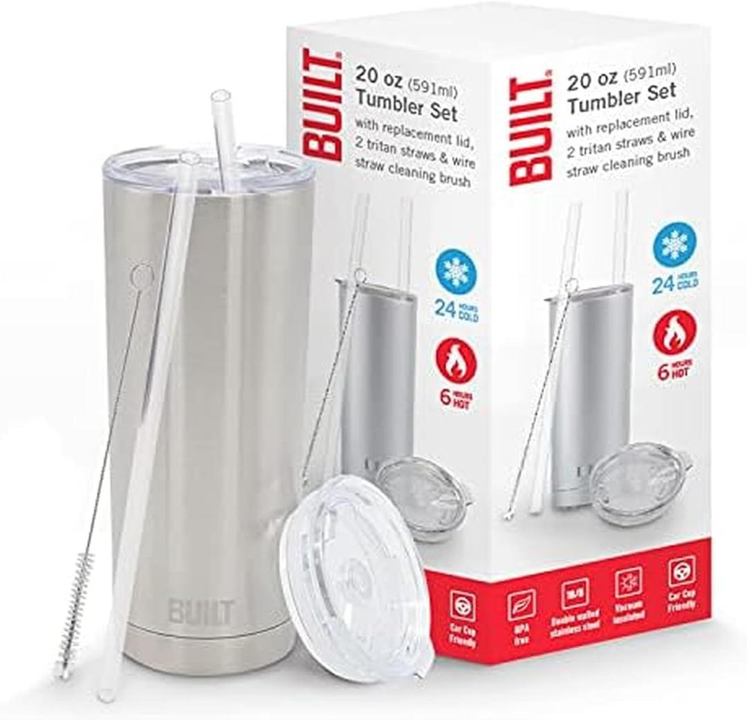 BUILT 20 oz Double Wall Stainless Steel Tumbler - Vacuum Insulated Travel Cup with Tritan Lid, Keeps Drinks Cold 8 Hours Hot 4 Hours, Fits Cup Holder, Silver