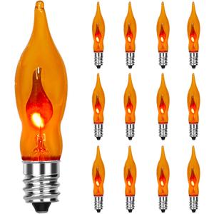 SUNSGNE E12 Flickering Flame Orange Night Light Bulbs, C18 String Light Bulbs for Halloween Christmas Party Decor - 1Watt/120 Volts/E12 Base(12 Pack)