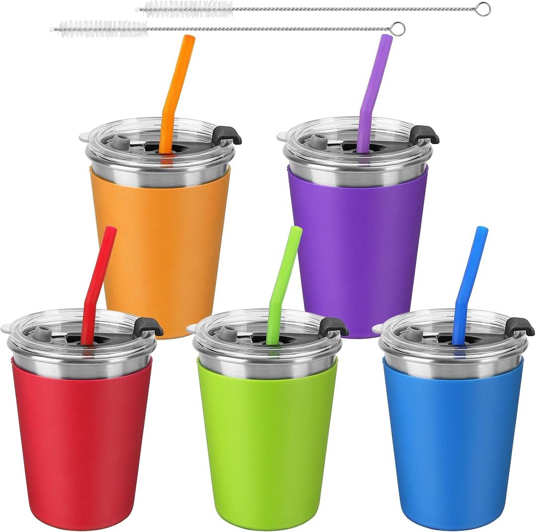 5Pack Kids Cups with Straws and Lids Spill Proof, 12oz Toddler Straw Cups with Colorful Silicone Sleeves, Unbreakable Stainless Steel Water Tumblers for Cold & Hot Drinks (12OZ with silicone straws)