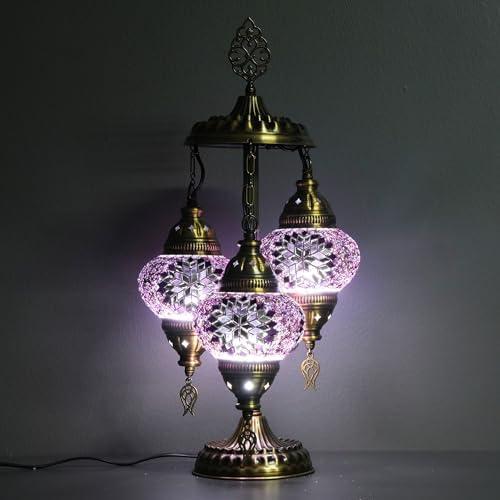Asylove Turkish Lamp, 3 Globe Turkish Mosaic Table Lamp, Living Room and Office Decoration Lighting 5 inc Globe Total Dimesions 12 x 12 x 24 inch (Purple)