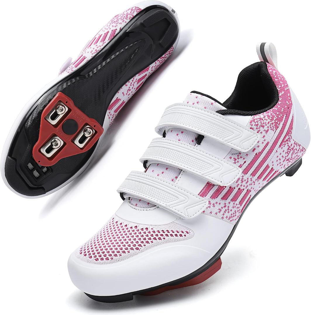 Unisex Road Bike Cycling Shoes Compatible with Peloton Shimano SPD Bike Riding Shoes for Men Women, 3 Straps, Pre-Installed Delta Cleats for Indoor Outdoor Cycling Biking Size 6(White-Pink)