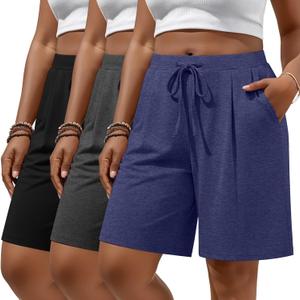 Huukeay 3 Pack Women's Plus Size Bermuda Shorts Casual Knit Drawstring Knee Length Walking Shorts with Pockets (X-Large, Black,heather Gray,dark Blue)