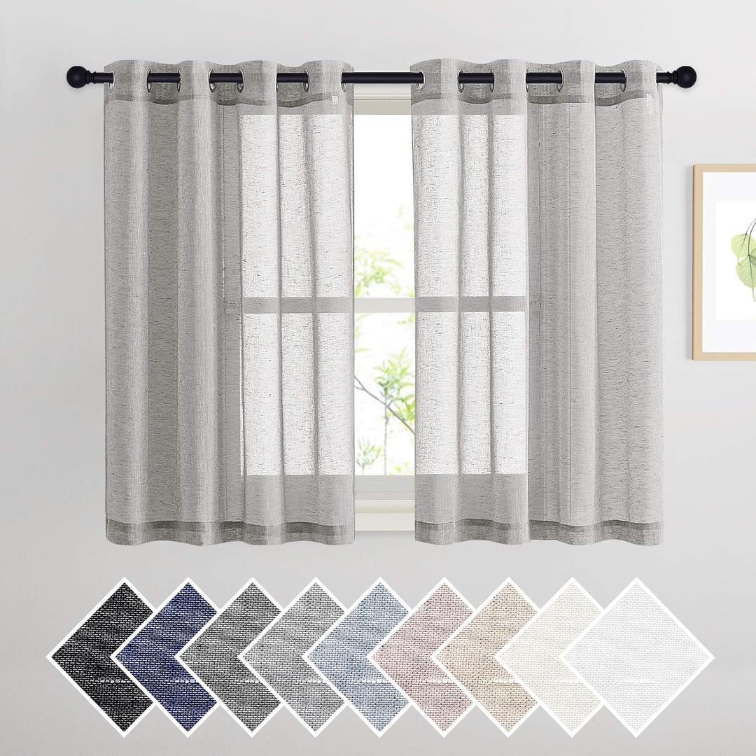 NICETOWN Flax Sheer Linen Curtains Privacy Protection for Bedroom, Retro Style Semitransparent Textured Sheer Curtain Drapes Light Filter with Grommet Top, Grey, W52 x L45, 2 PCs