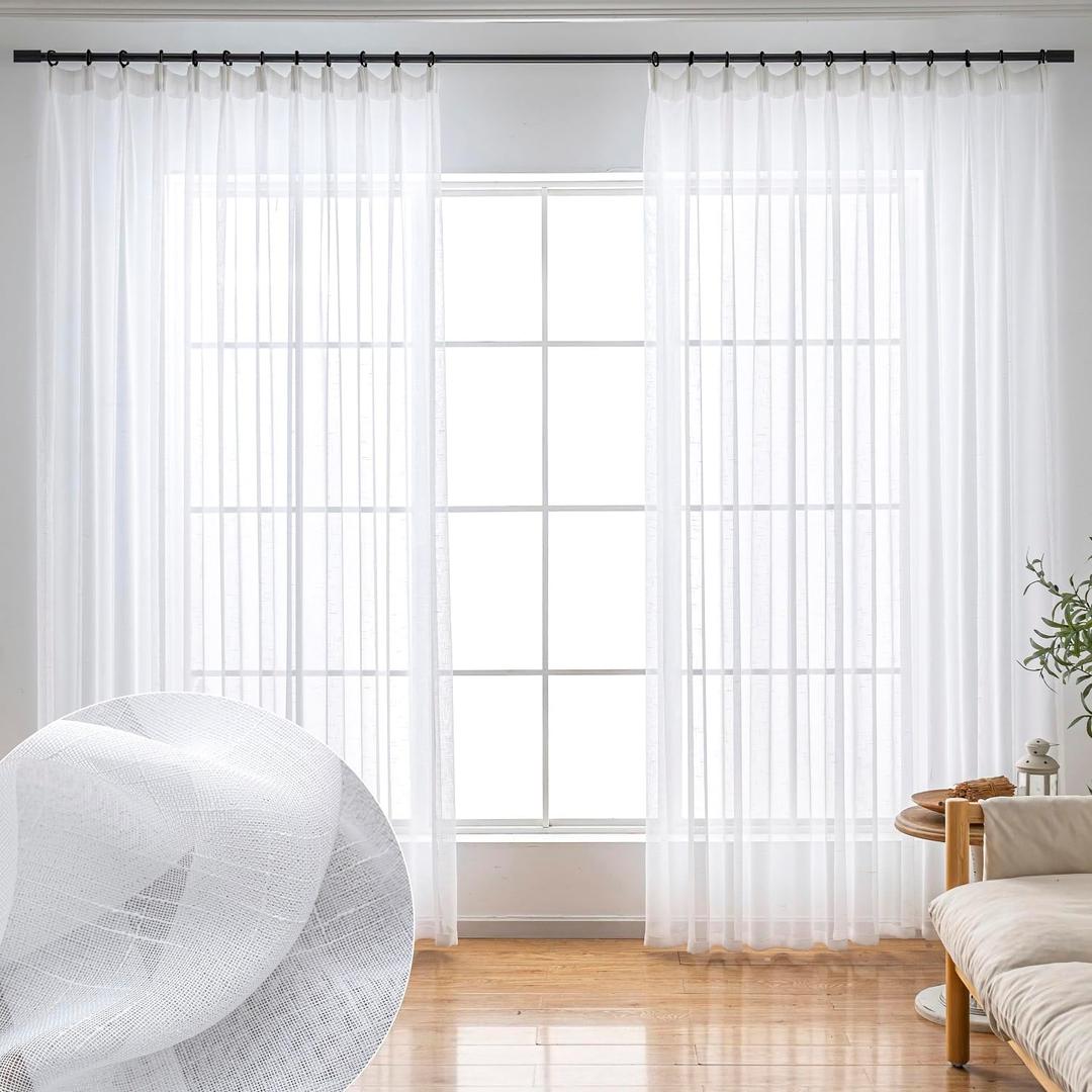 White Sheer Curtains 102 Inch Long 2 Panels, Thin Textured Linen Look Drapes for Living Room, Rustic See Through Window Treatments Decor, DIY Pinch Pleat Sliding Glass Door Curtain