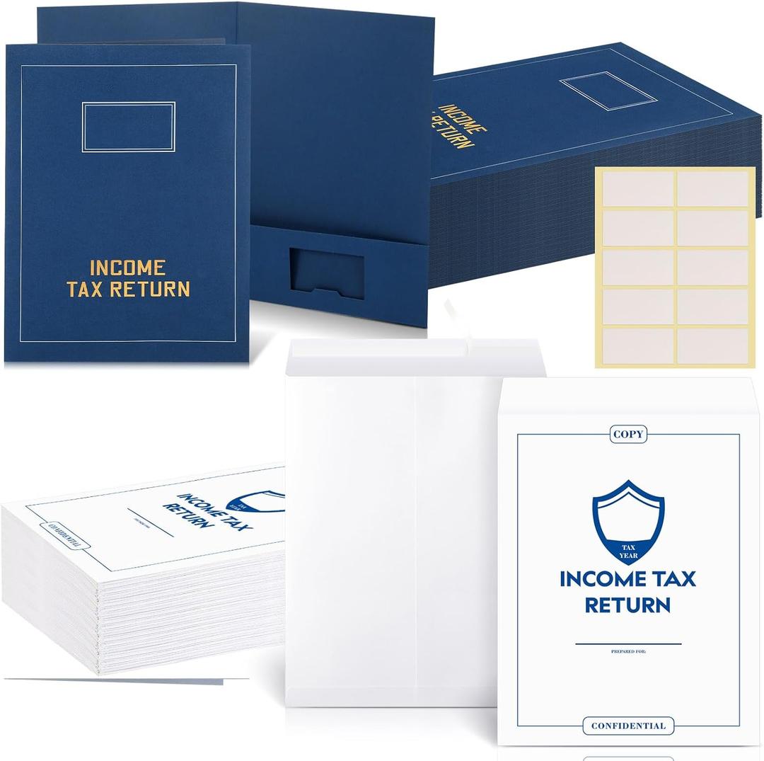 100 Pcs 9 x 12'' Income Tax Return Folders, 50 Blue Income Tax Return Folders with Pockets, 50 White Open Envelopes and Label for Preparers Returns Presentation Document Organizer Folder