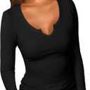 PALINDA Women Fitted Long Sleeve Shirts Ribbed Notch V Neck T Shirts Layering Tee Tops (L)