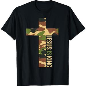 Jesus Is King Cross Christian Camo Camouflage Hunting God T-Shirt (Small, Black)