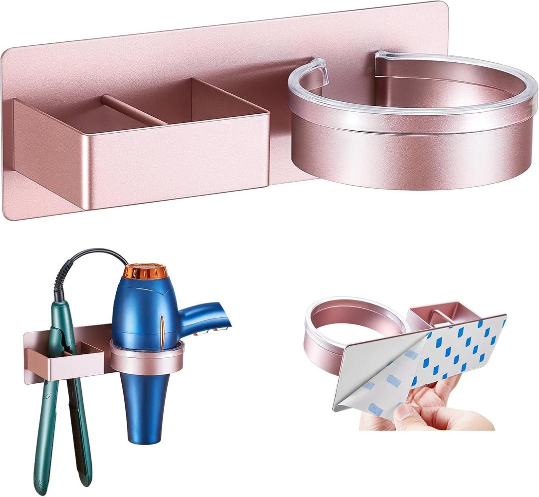 Hair Dryer Holder Wall Mounted, Hair Straightener Holder, Blow Dryer Holder Adhesive, Hair Tool Organizer for Flat Iron, Hairdryer, Curling Iron Holder for Bathroom Vanity Barber Shop (Rose Gold)