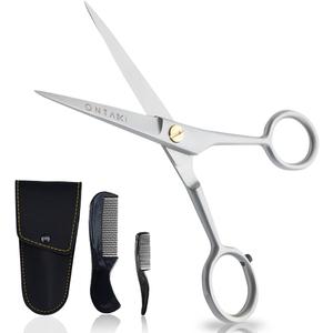 Ontaki Beard & Mustache Trimming Scissors - 5-Inch, Silver, Pack of 1 - Mustache Care Kit with Travel Comb - Compact Travel Pouch & Grooming Kit - 410C German Steel Durability & Beard Scissors