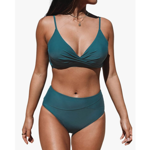 Women's Bikini Sets Two Piece Swimsuit High Waisted V Neck Twist Front Adjustable Spaghetti Straps Bathing Suit, Size L