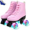 Gets Roller Skates for Women Men 4 Wheels Light Up Indoor Outdoor Roller Skate, High Top PU Leather Beginner Double Row Unisex Roller Skates for Kid Girls, W 6.5, M 5.5 (Pink Flash)