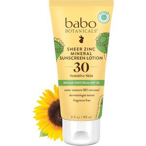 Babo Botanicals Zinc Sunscreen Lotion SPF 30 with 100% Mineral Actives, NonGreasy, WaterResistant, FragranceFree, Vegan, For Babies, Kids or Sensitive Skin, Clear, 3 Fl Oz