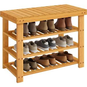 SONGMICS Shoe Rack Bench, 4 Tier Bamboo Shoe Storage Organizer, Entryway Bench, for Living Room, Bathroom, Bedroom, 11.3 x 27.6 x 20.5 Inches, Light Bamboo ULBS370YL01