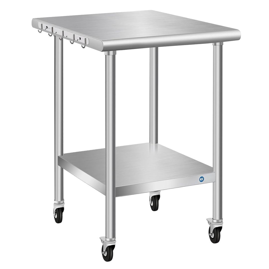 Stainless Steel Table with Wheels, 24 x 24 Inch Stainless Table for Prep & Work, Commercial NSF Steel Metal Table for Restaurant Kitchen Hotel Garage