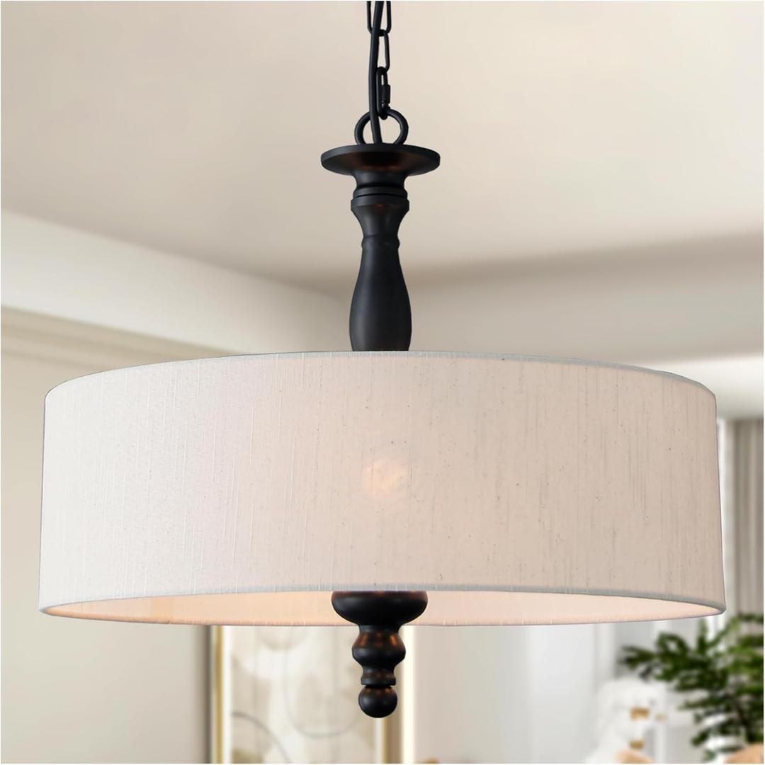 17.3" Modern Drum Chandelier Light Fixture 4-Lights Mid Century Drum Chandelier with Linen Shade Vintage Farmhouse Black Chandelier for Dining Room,Living Room,Kitchen Island,E12