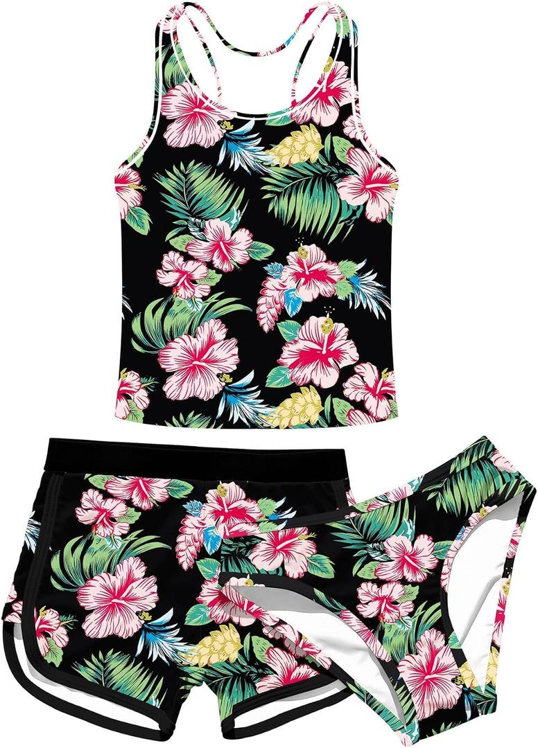 Uideazone Girls 3 Piece Bathing Suit Summer UPF 50+ Racerback Swimsuit with Shorts Beach Tankini Sets 11-12 Years
