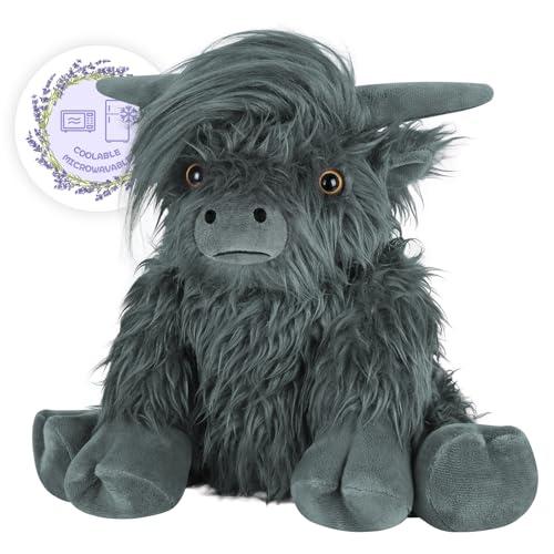 SuzziPals Heatable & Coolable Highland Cow Stuffed Animal, Microwavable Heating Pad for Soothing & Relaxation, Black Cattle Plushies for Stress Relief, Lavender Scented Stuffed Cow Gifts