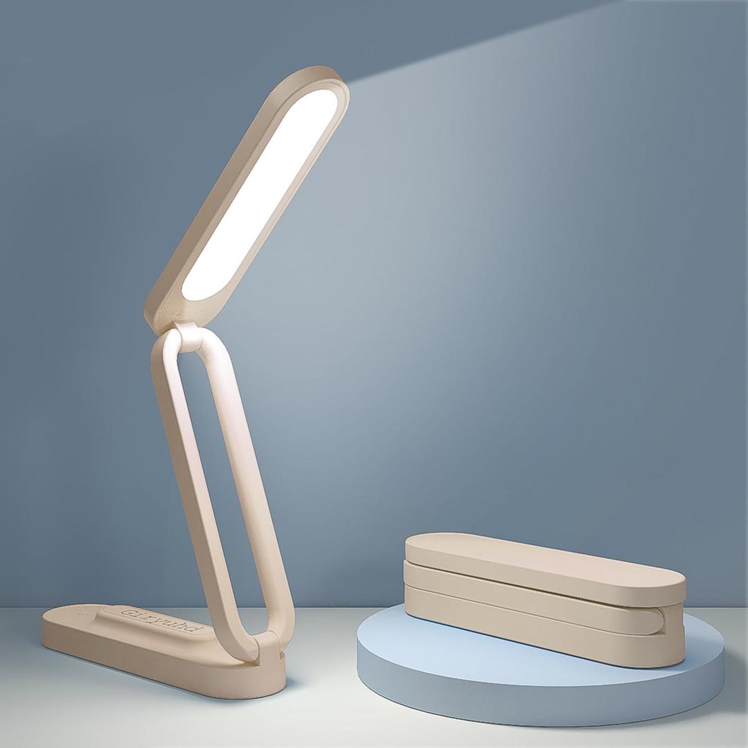 LED Desk Lamp for Office Home & Battery Operated Lamp Rechargeable Lamp Foldable & Portable Light, LED Desk Light Strip, 3 Brightness Dimmable Small Desk Lamp Wireless Reading Lamp (Khaki)
