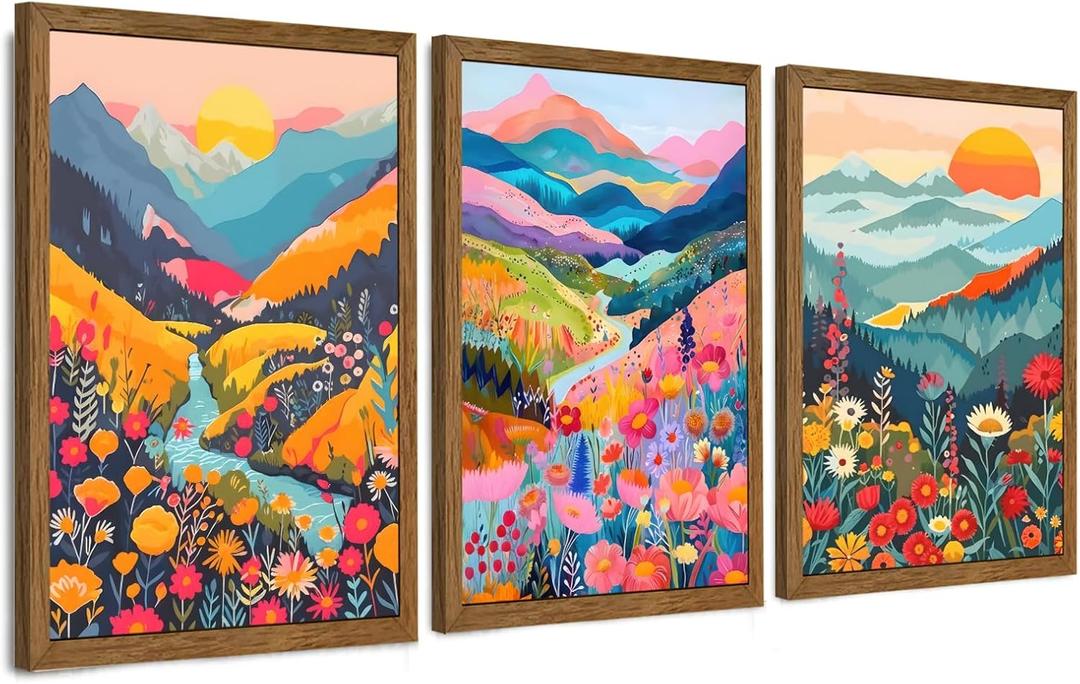 InspiredHues Colorful Mountain Boho Canvas Wall Art Set, 3 Piece Watercolor Flower Picture Wall Decor, Abstract Nature Landscape Artwork Prints for Living Room Bedroom Office 16x24 In Wood Framed