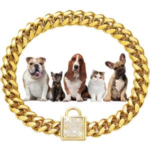 Dog Chain Collar Walking Metal Choke Collar with Design Secure Buckle, Gold Cuban Link Strong Heavy Duty Chew Proof for Medium Dogs American Pitbull German Shepherd(14MM, 14") (14"(Suits Dog Neck 12" to 13.5"))