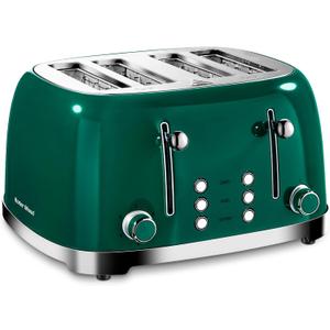 Roter Mond 4 Slice Toaster Retro Stainless Steel with Bagel Defrost Cancel Function, 6 Browning Settings, Extre Wide Slot and Removable Crumb Tray, Green, ST033