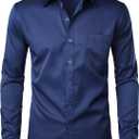 ZEROYAA Men's Urban Stylish Casual Business Slim Fit Long Sleeve Button Up Dress Shirt with Pocket (Blue, L)
