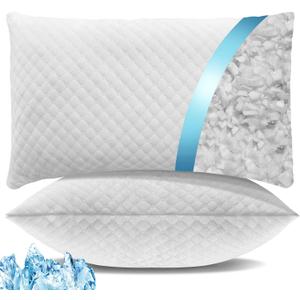 Shredded Memory Foam Pillows, Cooling Bed Pillows Queen Size Set of 2 for Sleeping, Adjustable Firm Pillows for Side Back and Stomach Sleepers, Washable Removable Cover