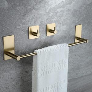 Taozun Golden Towel Bar Set- Self Adhesive Towel Holder + 2 Packs Towel Hooks Bathroom Accessories, 16-Inch Towel Rack for Bathroom Stainless Steel Brushed Brass