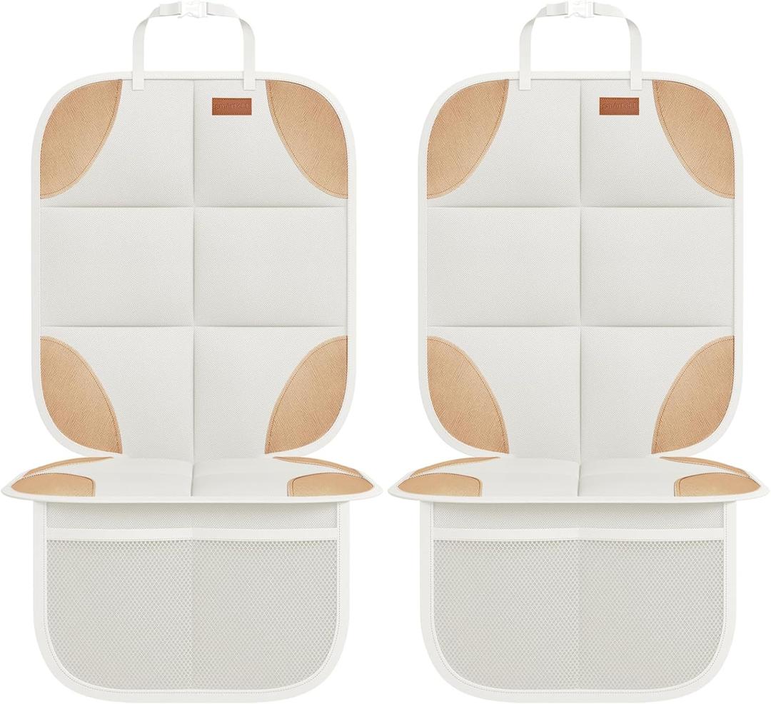 SMART ELF Car Seat Protector, 2Pack Seat Protector Protect Child Seats with Thickest Padding and Non-Slip Backing Mesh Pockets for Baby and Pet,Sedan SUV Truck (Beige Brown) (2PS)
