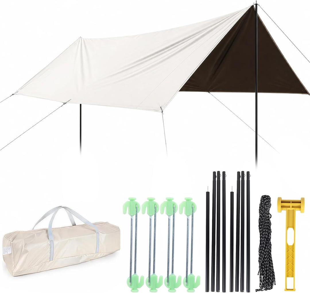 Waterproof Camping Tarp Hammock Rain Fly -9.8×9.8ft with 2 Poles, Mutifunctional Tent UV Protection & Lightweight Tarp, for Camping, Outdoor, Traveling, Hiking (Quadrilateral, Beige), 3x3m