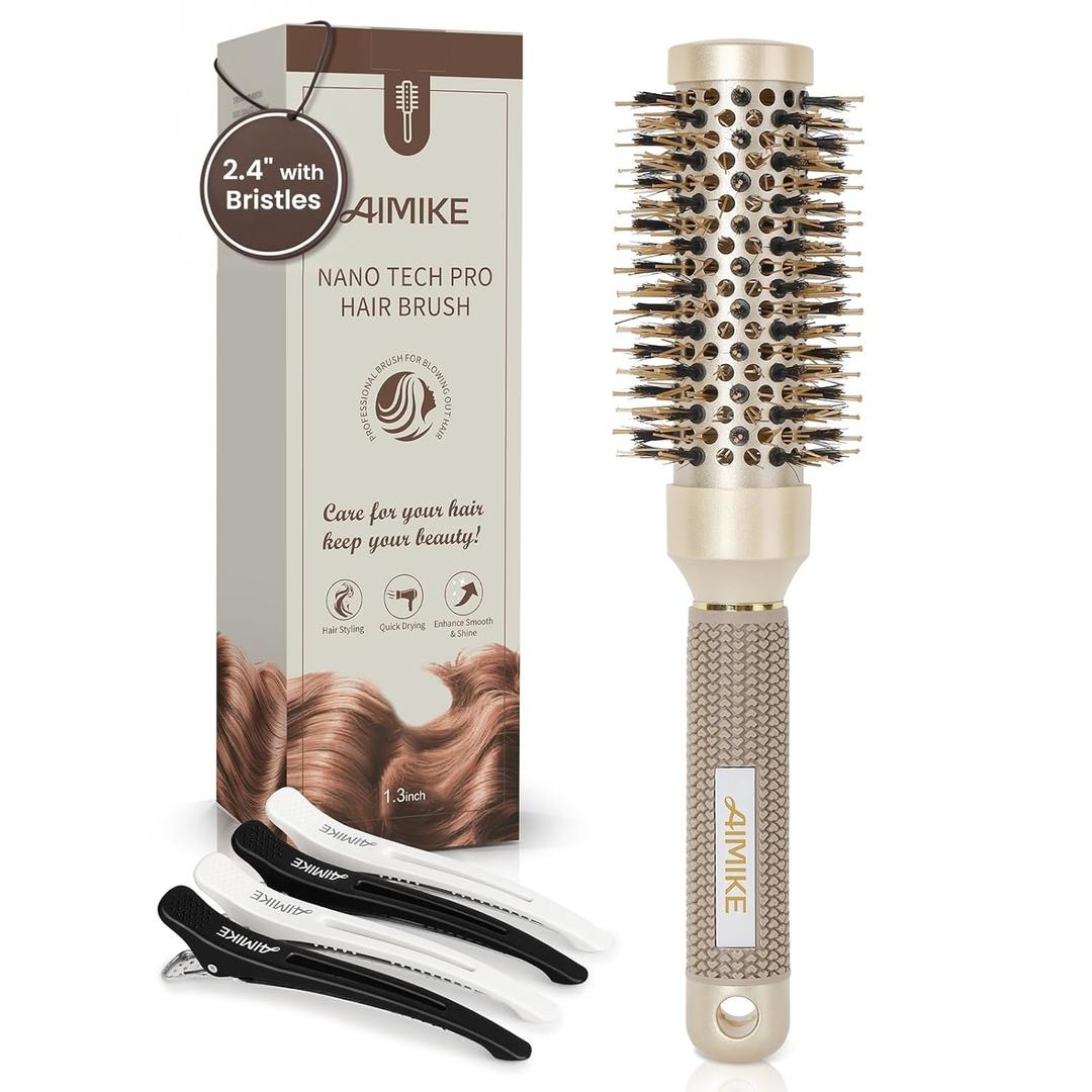 AIMIKE Round Brush for Blow Out, Small Round Hair Brush Nano Thermal Ceramic & Ionic Tech, for Blow Drying & Styling, Curling and Shine - 2.4 inch Barrel w/Boar Bristles