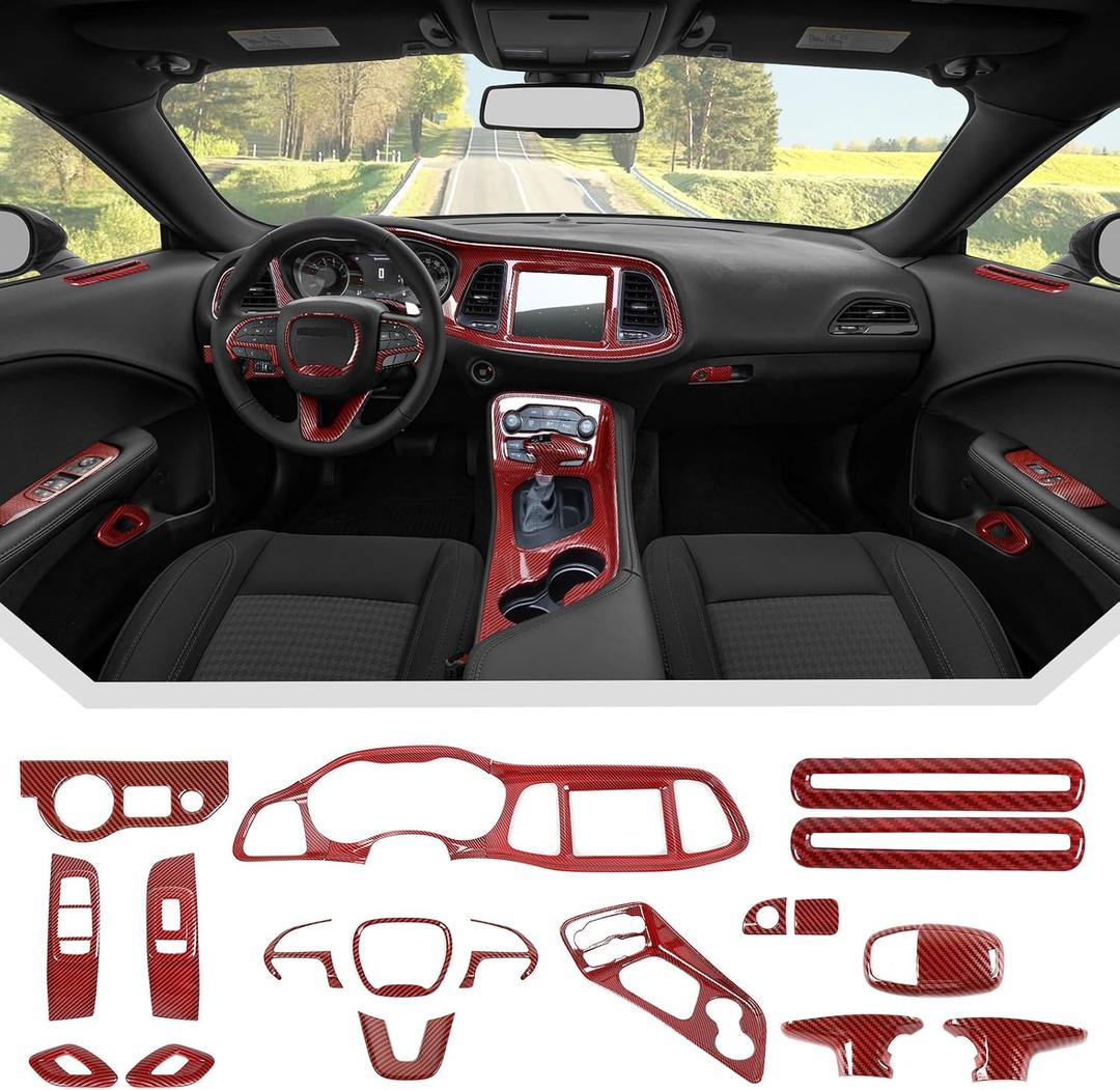 JeCar 21pcs Red Carbon Fiber Interior Trim Kit Fit for 2015-2023 Dodge Challenger Interior Accessories