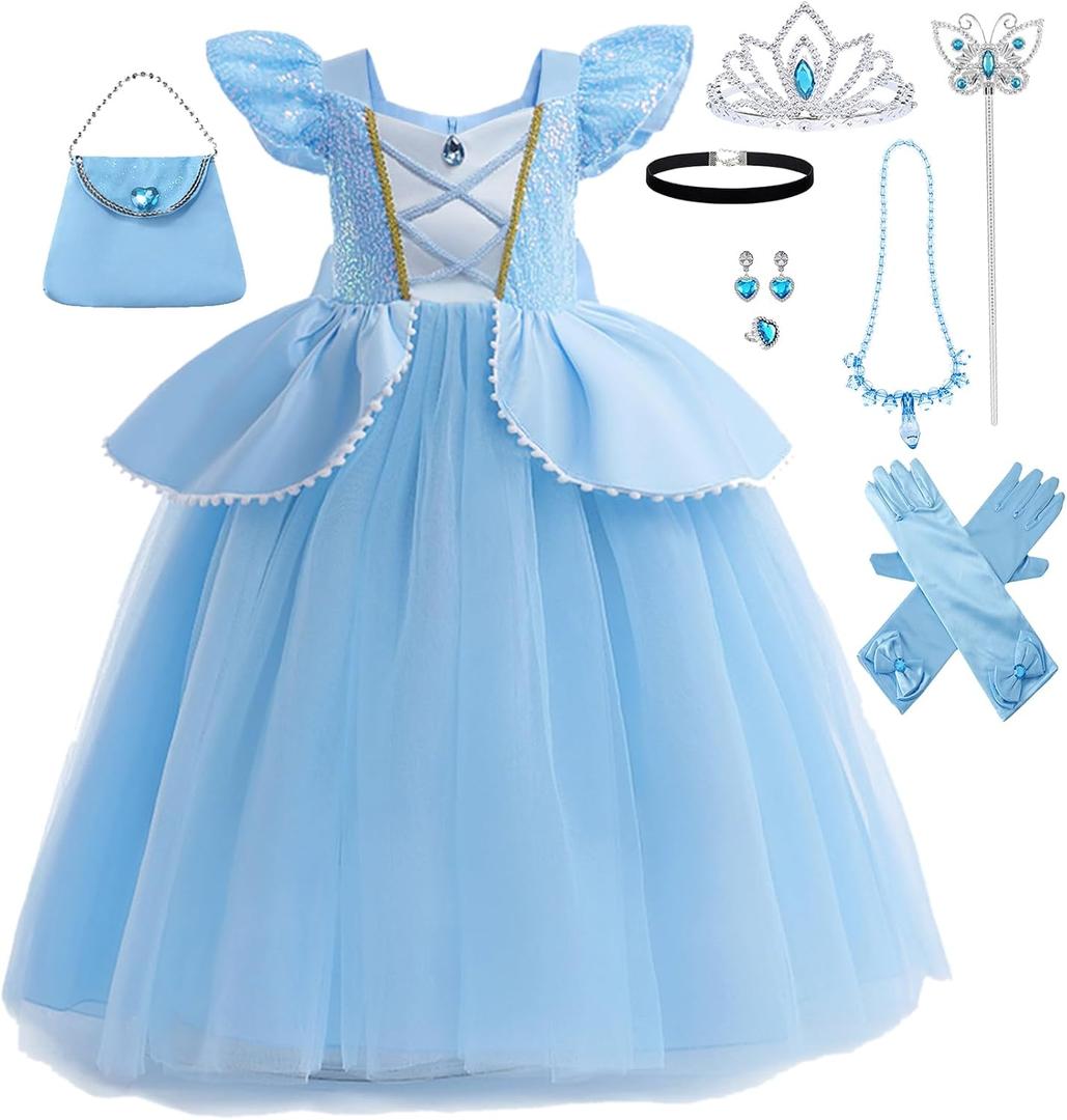 Princess Dresses for Girls Toddler Costume Halloween Birthday Party Blue Cosplay Fancy Outfit (3-4 Years)