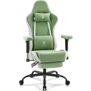 Gaming Chair Breathable Fabric,Computer Office Chair with Footrest,Massage Lumbar Support and Gel Pad,Ergonomic Reclining Gamer Chair with Adjustable Armrests and Spring Cushion Green