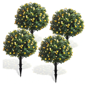 Yunlly 4 Pcs Artificial Boxwood Topiary Ball Tree 27 Inch Outdoor Boxwood Balls with Flower Faux Bush, UV Resistance Fake Shrub Plant with Spike for Garden Porch Patio Decor (Yellow)