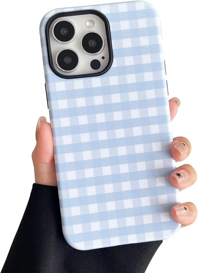 Compatible with iPhone 16 Pro Max Case, Cute Simple Checkered Phone Case for Women, Shockproof Slim Soft TPU and Hard PC Protective Cover Compatible with iPhone 16 Pro Max 6.9", Blue
