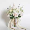 Wedding Bouquets for Bride Bridesmaid, White Champagne Artificial Roses Flowers with Ribbon Bow for Wedding Prom Church Decoration, Ceremony, Anniversary (8in)