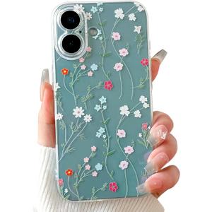 Lovmooful Compatible for iPhone 16 Case Cute Clear Flower Floral Color Design for Girls Women Soft TPU Shockproof Protective Girly for iPhone 16-Twig Flower